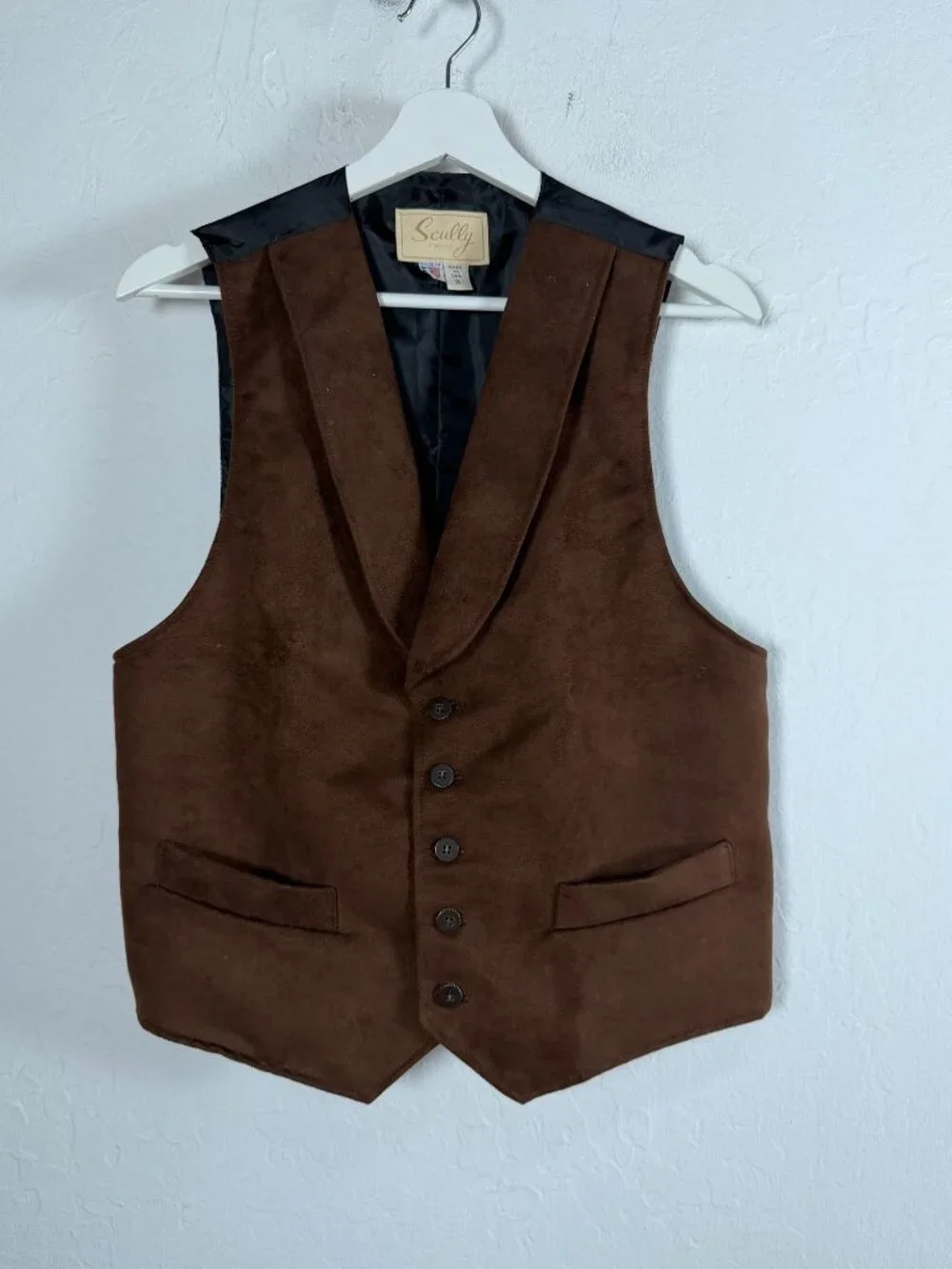 Scully Mens Brown Faux Suede Western Vest Shawl Collar Made in USA Small Lined